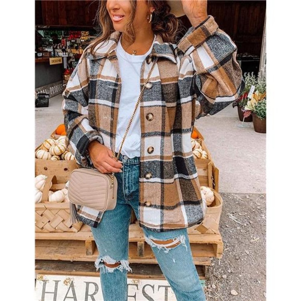 Womens Casual Plaid Shacket Wool Blend Button Down Long Sleeve Fall overshirt